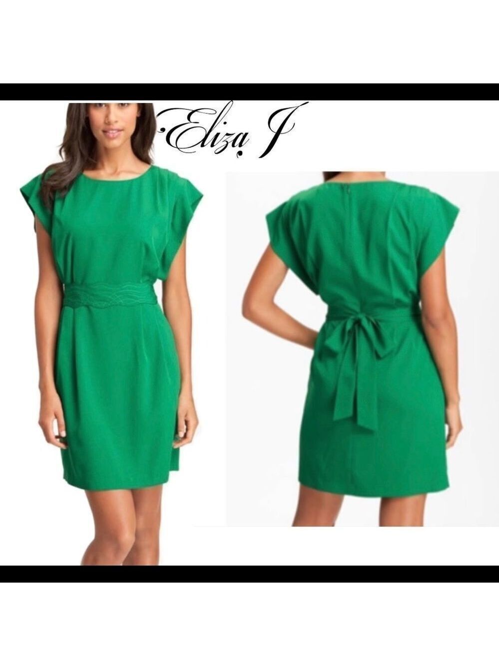 ELIZA J Green Drape Sleeve Pleated Missy Sheath Waist Dress Size 4